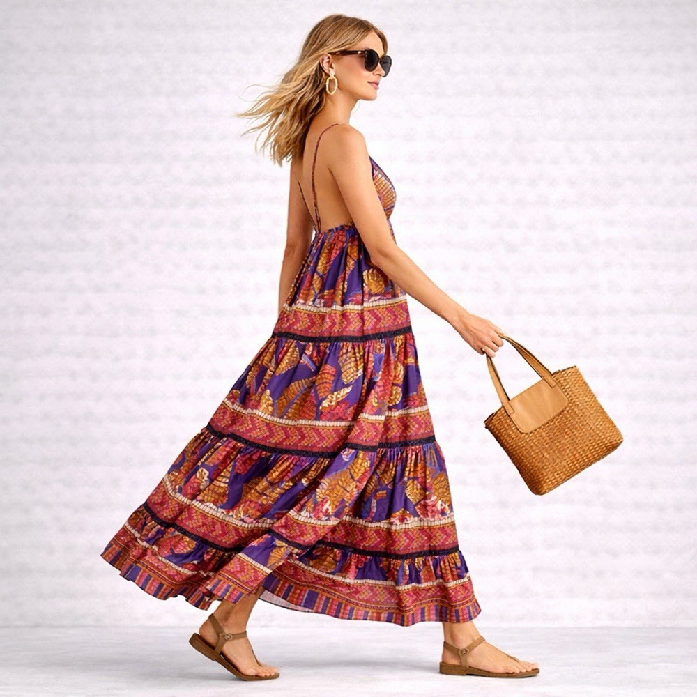 NWT Farm Rio Blue Forest Mosaic Maxi Dress Size:L Boho Tiered V Neck MSRP:$230 - Picture 7 of 12